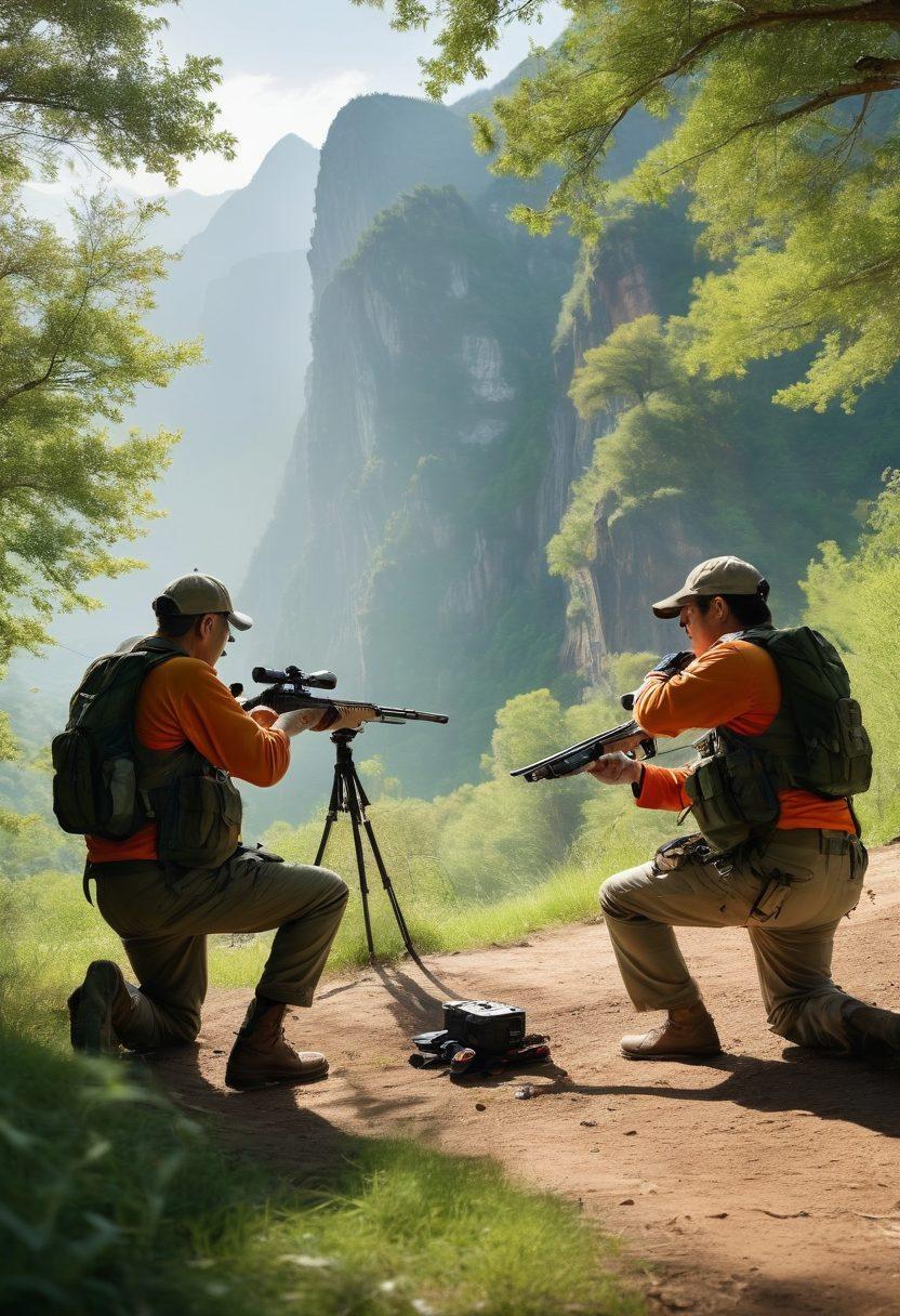 An outdoor scene showcasing the precision of Hatsan firearms, featuring a dynamic view of expert marksmen in action, surrounded by lush green landscapes and rugged mountains in the background. The image includes close-ups of various Hatsan guns alongside high-tech outdoor shooting gear and targets in the foreground. Bright sunlight filtering through trees enhances the adventurous atmosphere, inspiring a sense of mastery in shooting sports. super-realistic. vibrant colors. action-packed.