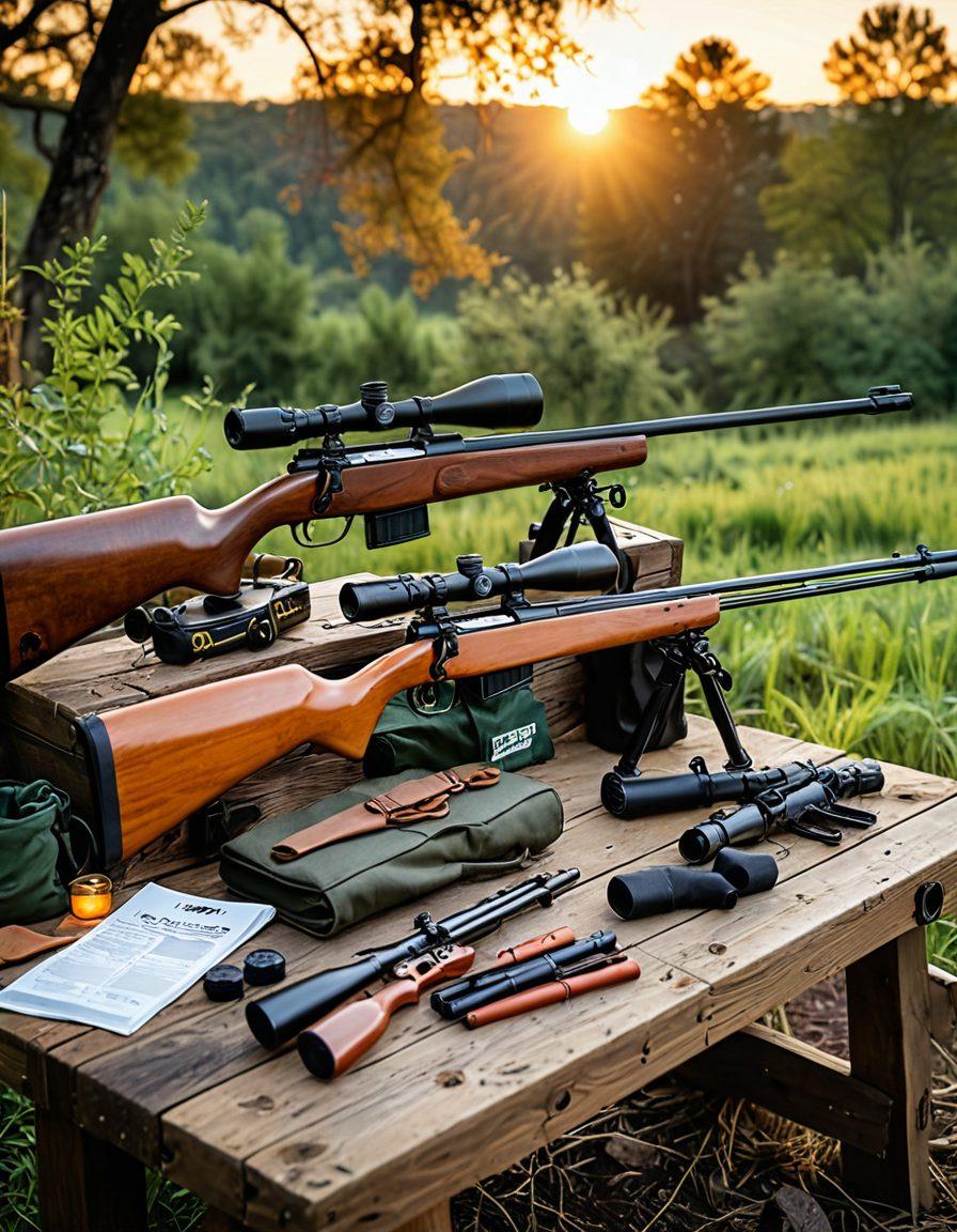 A vibrant outdoor scene showcasing a diverse range of Hatsan shooting products, including air rifles and accessories, displayed on a rustic wooden table amidst a lush green landscape. Enthusiastic shooters of varied ages are enjoying their outdoor adventure, trying out the products while the sun sets in the background, casting a warm glow. The image should exude excitement and connection to nature. super-realistic. vibrant colors. dynamic lighting.