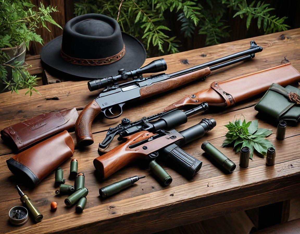 A detailed flat lay of a selection of high-quality Hatsan firearms and accessories, artfully arranged on a rich wooden table. Include a hunting scope, ammunition, and a stylish hat next to the guns, surrounded by nature elements like leaves and twigs to evoke an adventurous spirit. Soft, natural lighting highlights the craftsmanship of the products. super-realistic. vibrant colors. rustic background.